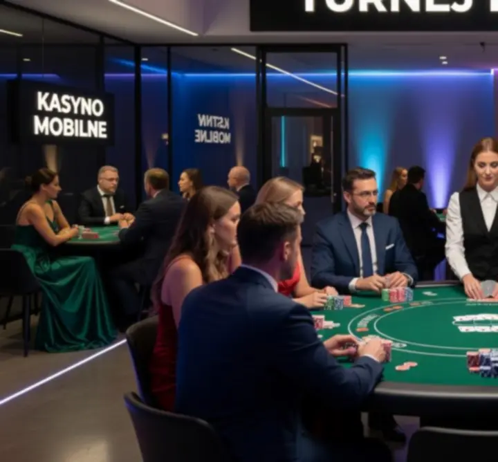 Mobilna strefa kasynowa z uczestnikami grającymi przy stole pokerowym